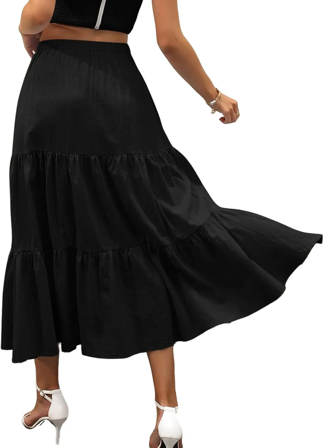 Womens Boho Bohemian Flowy Midi Long Summer Skirts Plus Size Elastic Waist Maxi Skirt Pleated Long Beach Dress