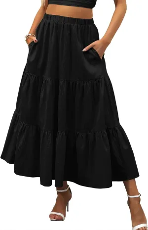 Womens Boho Bohemian Flowy Midi Long Summer Skirts Plus Size Elastic Waist Maxi Skirt Pleated Long Beach Dress