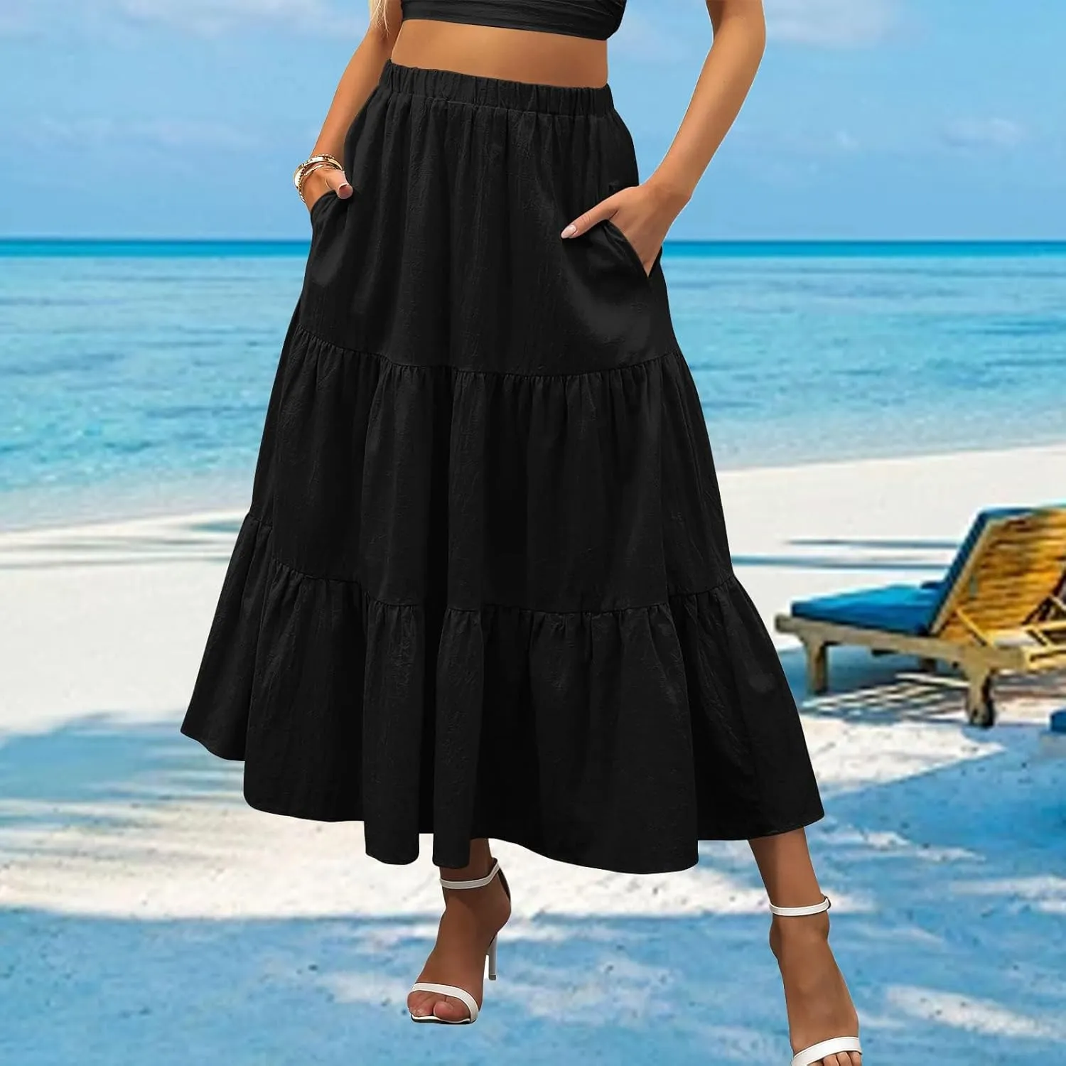 Womens Boho Bohemian Flowy Midi Long Summer Skirts Plus Size Elastic Waist Maxi Skirt Pleated Long Beach Dress