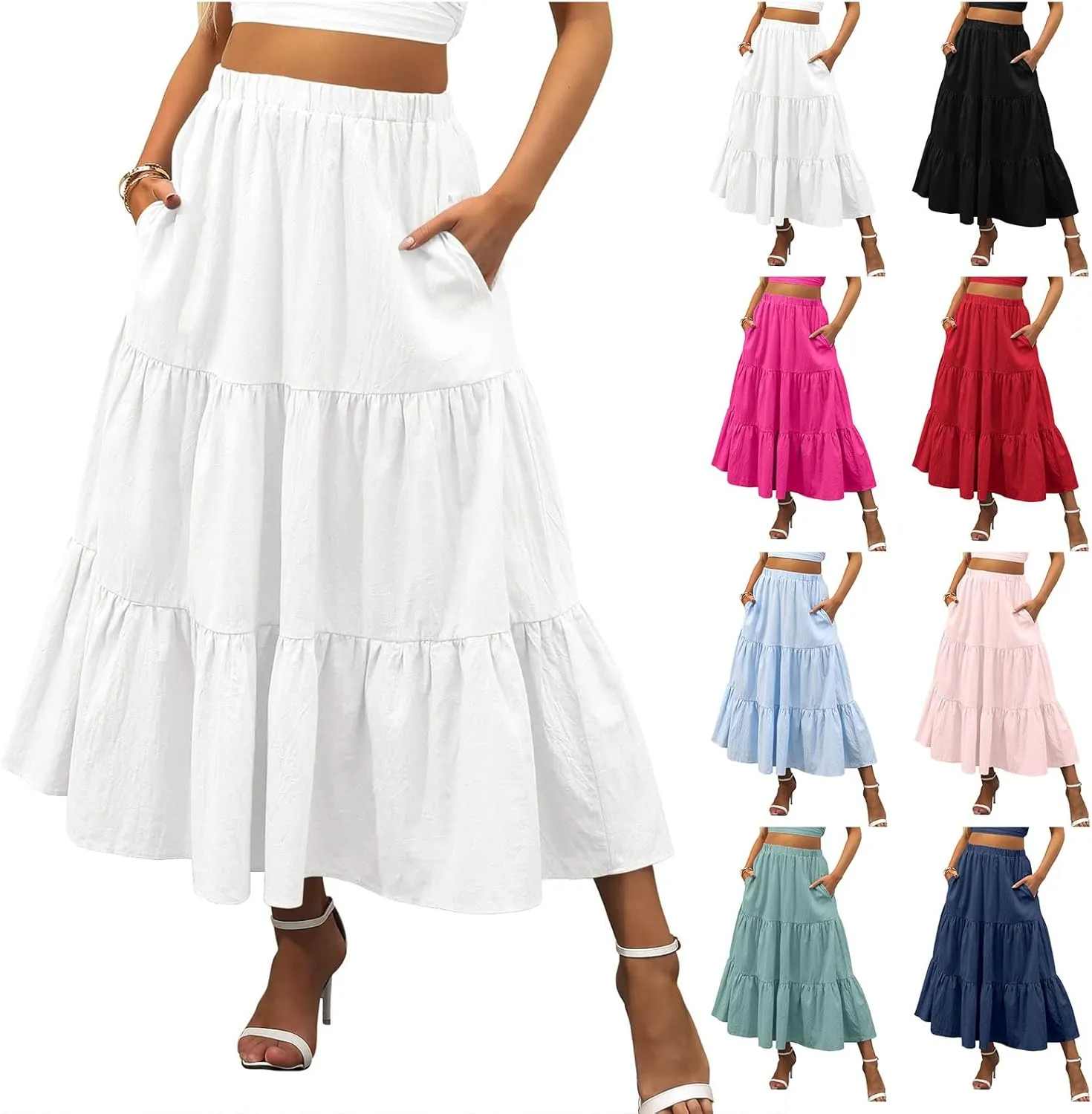 Womens Boho Bohemian Flowy Midi Long Summer Skirts Plus Size Elastic Waist Maxi Skirt Pleated Long Beach Dress