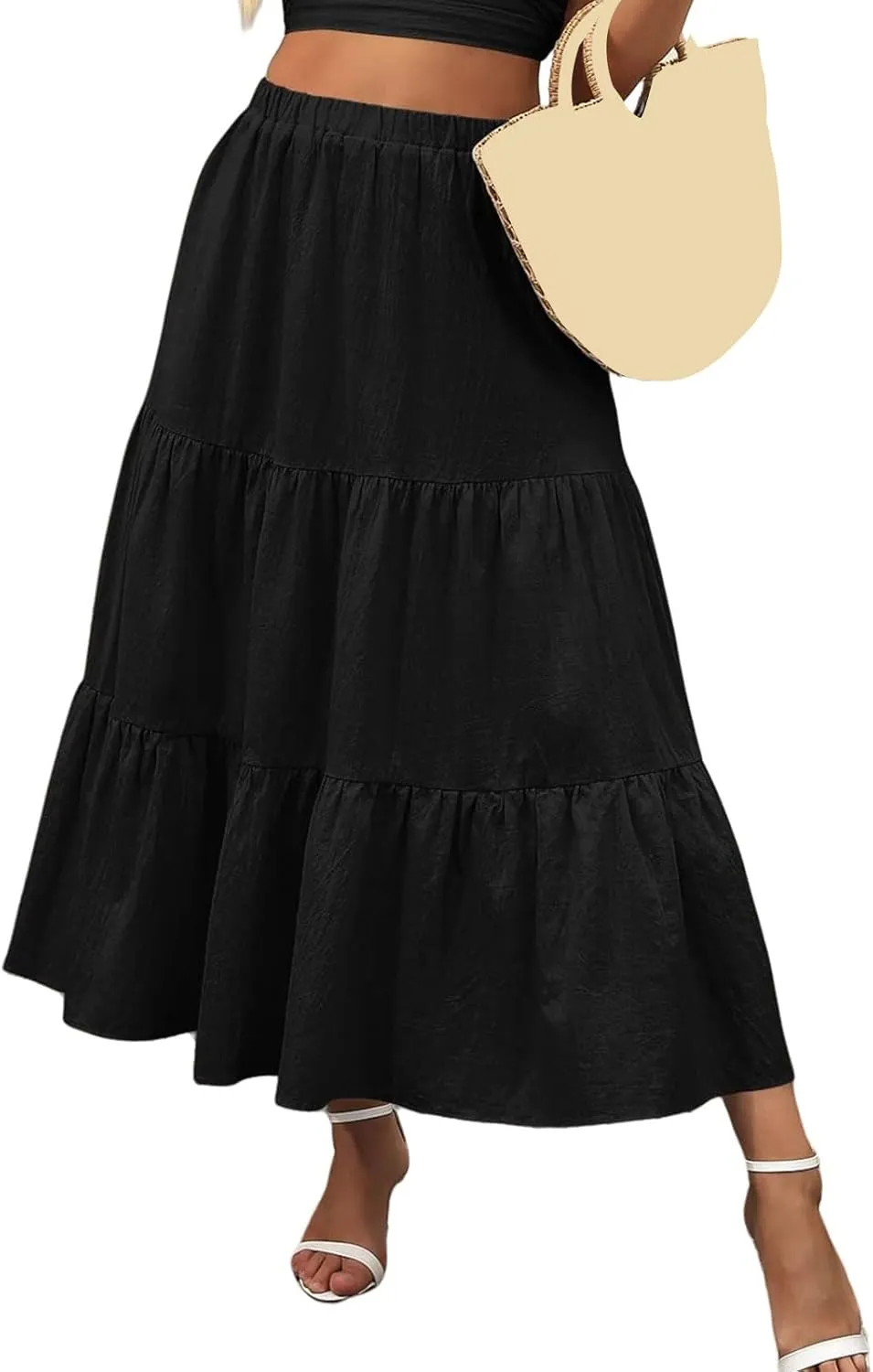 Womens Boho Bohemian Flowy Midi Long Summer Skirts Plus Size Elastic Waist Maxi Skirt Pleated Long Beach Dress