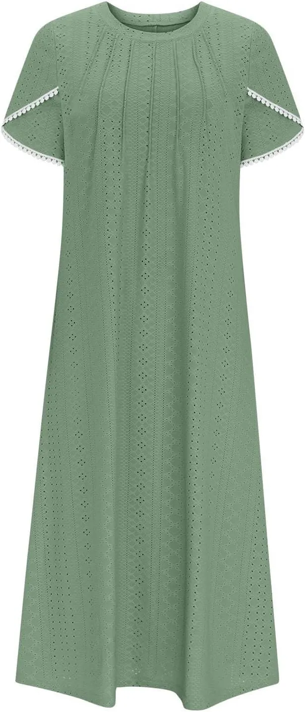 Women's Boho Floral Maxi Dress Summer Casual Crew Neck Short Sleeve Dresses Flowy Bohemian Tshirt Dress with Pockets