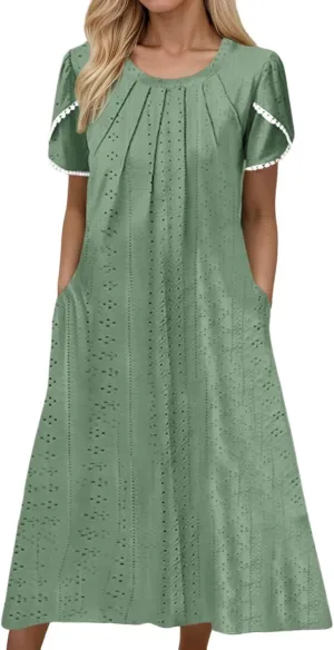 Women's Boho Floral Maxi Dress Summer Casual Crew Neck Short Sleeve Dresses Flowy Bohemian Tshirt Dress with Pockets