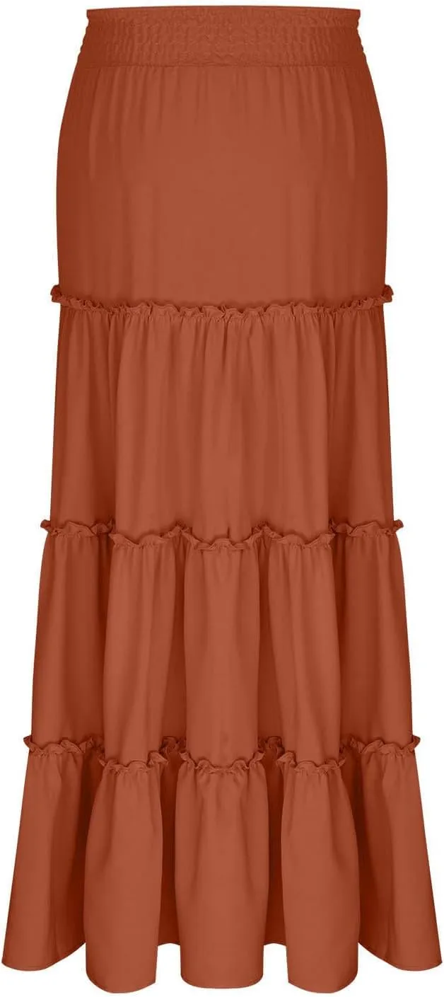 Womens Boho Maxi Skirt Summer Elastic High Waisted Swing Tiered Ruffle A-Line Skirts 2025 Fashion Beach Long Skirt
