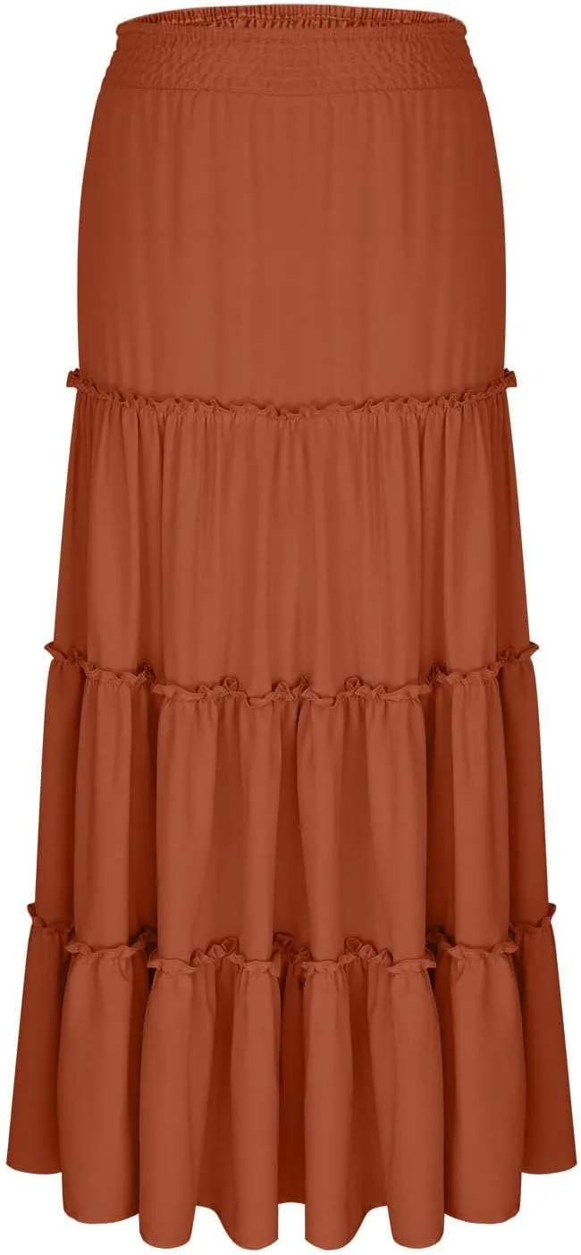 Womens Boho Maxi Skirt Summer Elastic High Waisted Swing Tiered Ruffle A-Line Skirts 2025 Fashion Beach Long Skirt