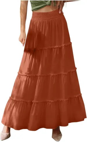 Womens Boho Maxi Skirt Summer Elastic High Waisted Swing Tiered Ruffle A-Line Skirts 2025 Fashion Beach Long Skirt