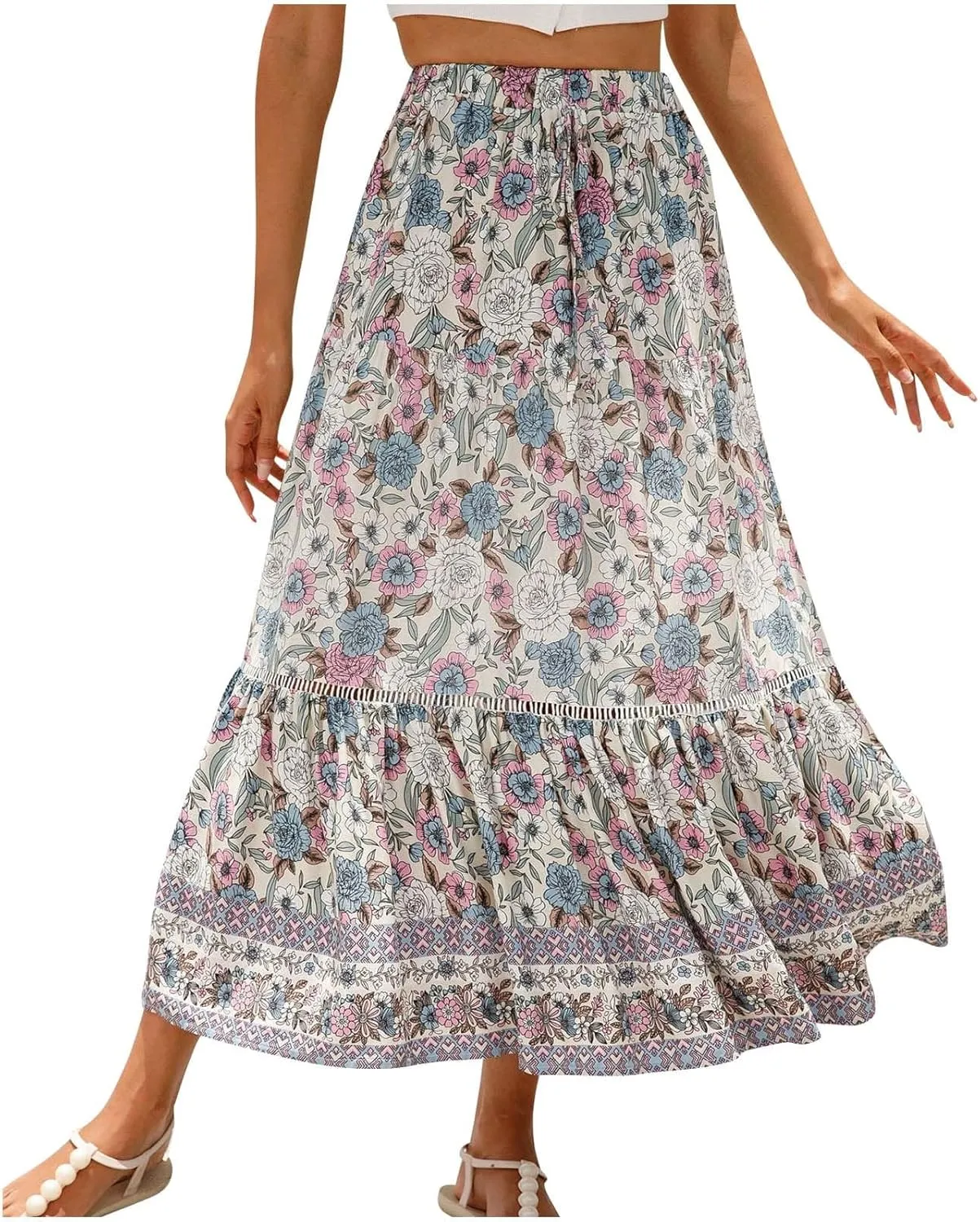Womens Boho Maxi Skirts Vintage Elastic High Waist Floral Pleated A-Line Long Skirts Beach Vacation Clothes