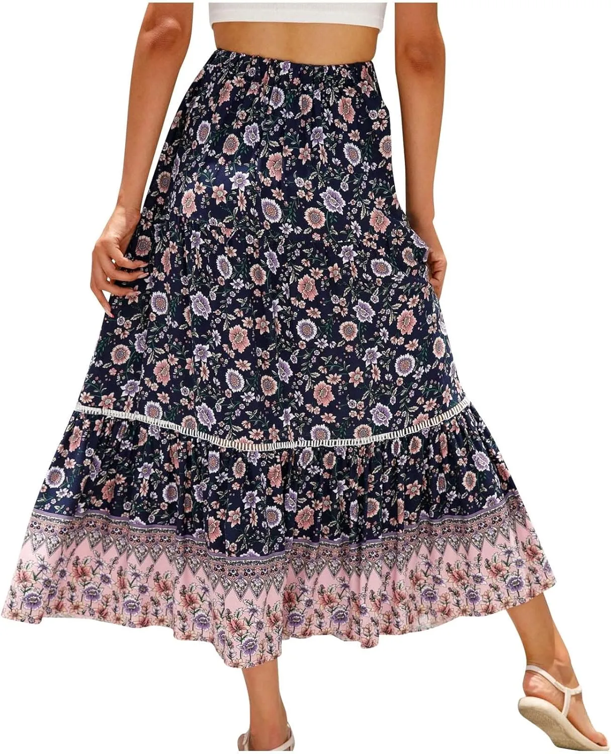 Womens Boho Maxi Skirts Vintage Elastic High Waist Floral Pleated A-Line Long Skirts Beach Vacation Clothes