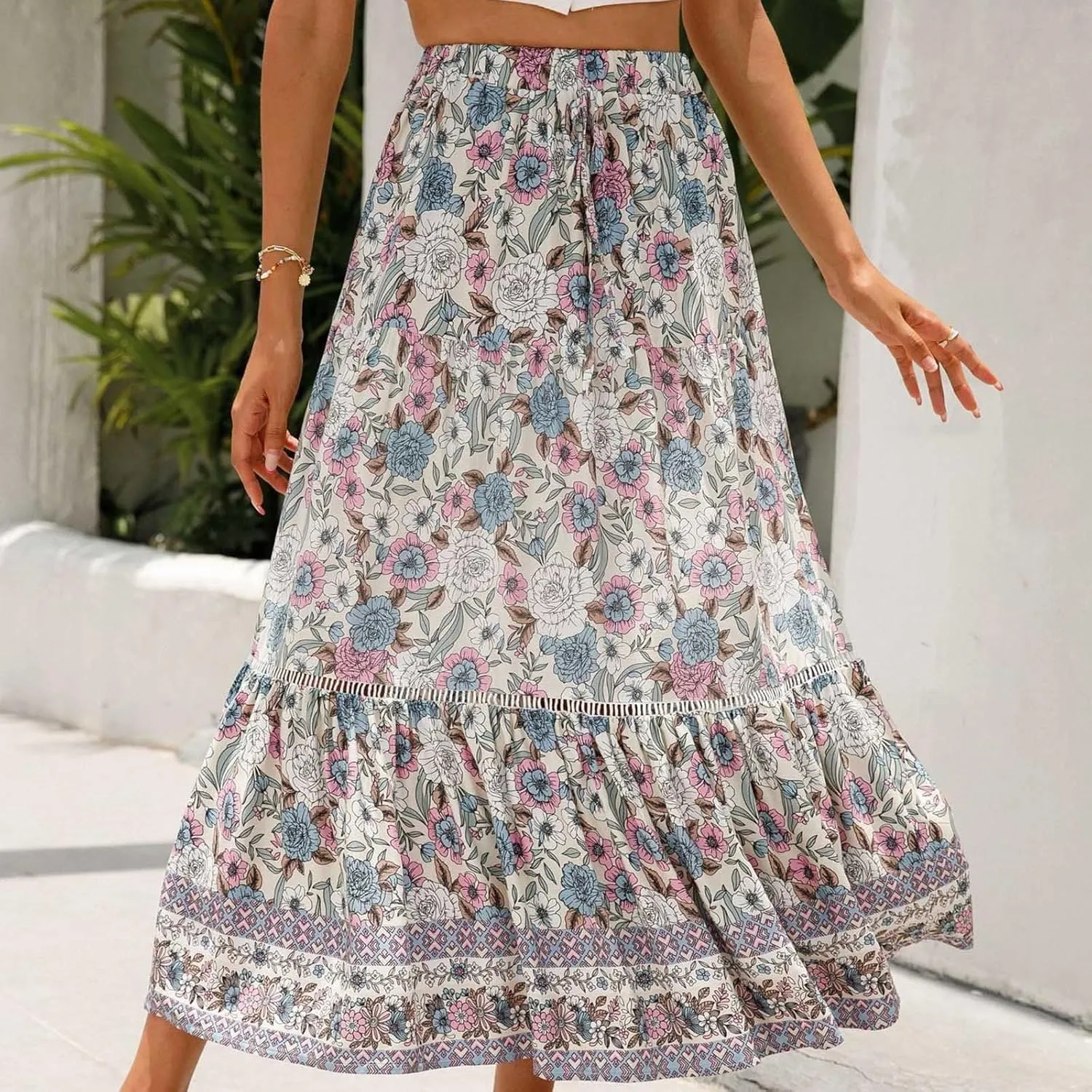 Womens Boho Maxi Skirts Vintage Elastic High Waist Floral Pleated A-Line Long Skirts Beach Vacation Clothes
