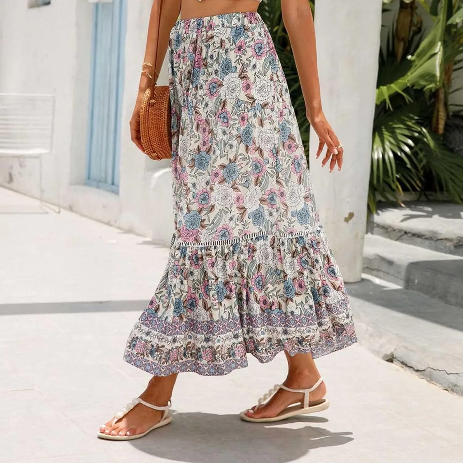 Womens Boho Maxi Skirts Vintage Elastic High Waist Floral Pleated A-Line Long Skirts Beach Vacation Clothes