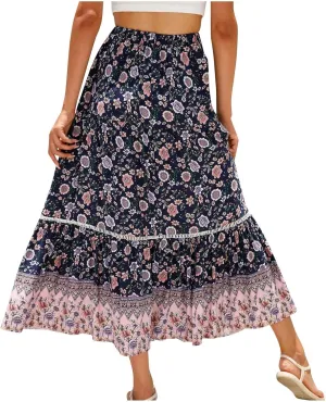 Womens Boho Maxi Skirts Vintage Elastic High Waist Floral Pleated A-Line Long Skirts Beach Vacation Clothes