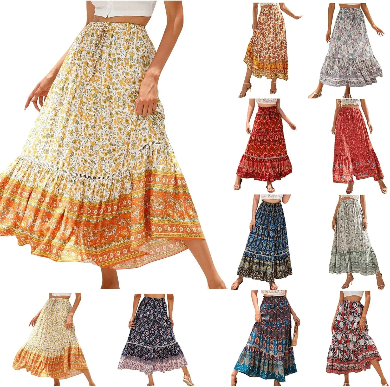 Womens Boho Maxi Skirts Vintage Elastic High Waist Floral Pleated A-Line Long Skirts Beach Vacation Clothes