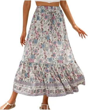 Womens Boho Maxi Skirts Vintage Elastic High Waist Floral Pleated A-Line Long Skirts Beach Vacation Clothes