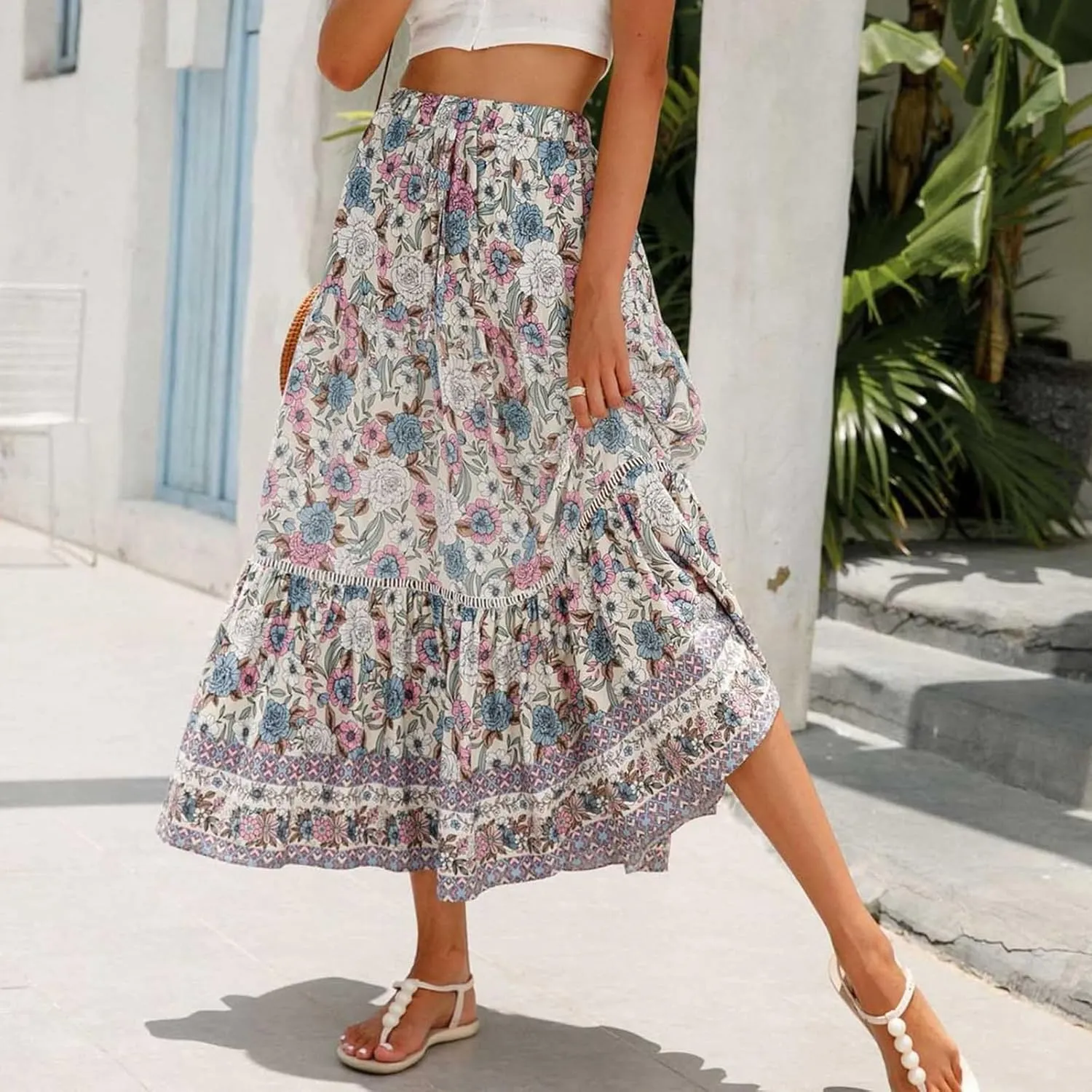 Womens Boho Maxi Skirts Vintage Elastic High Waist Floral Pleated A-Line Long Skirts Beach Vacation Clothes