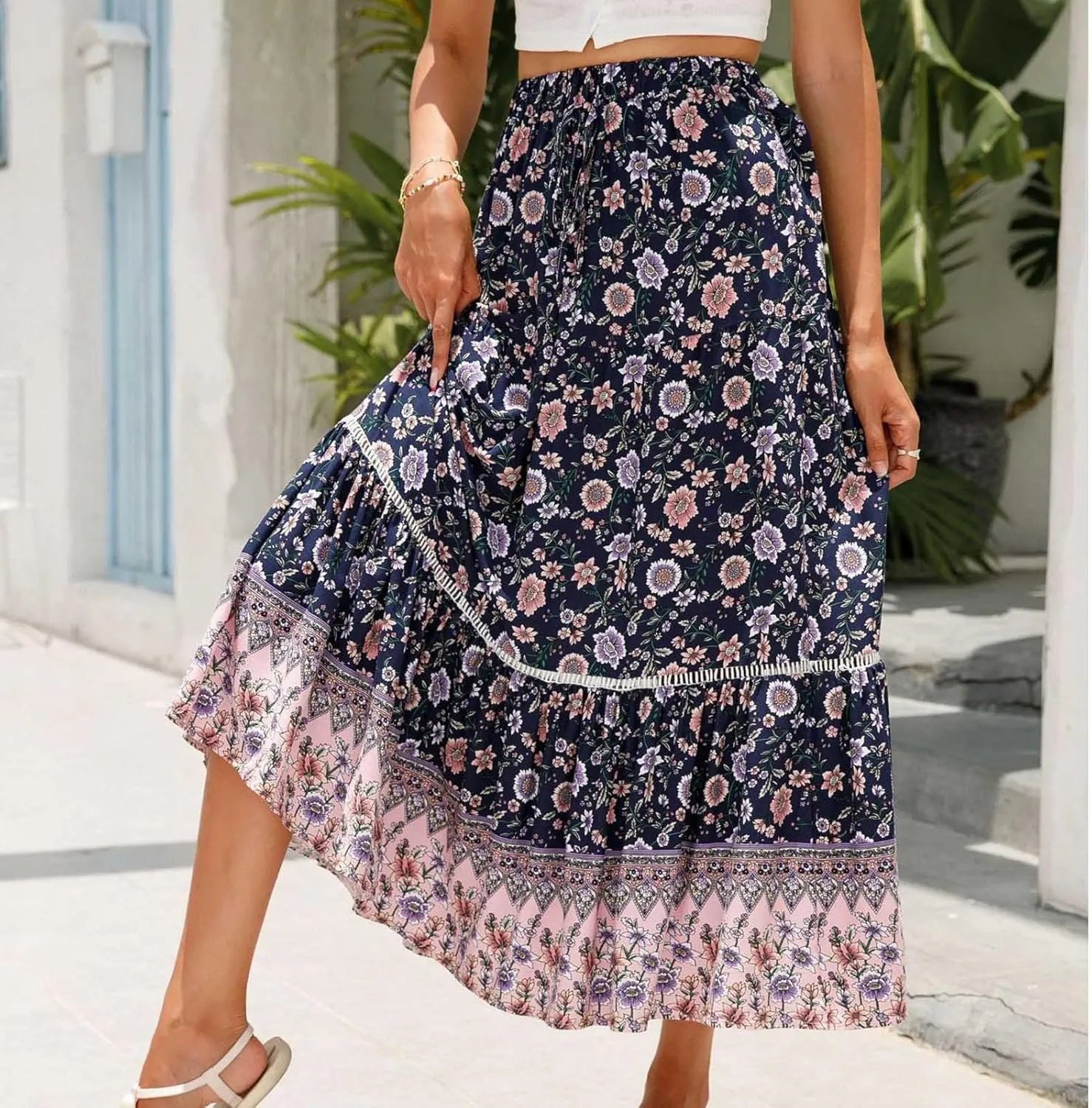 Womens Boho Maxi Skirts Vintage Elastic High Waist Floral Pleated A-Line Long Skirts Beach Vacation Clothes