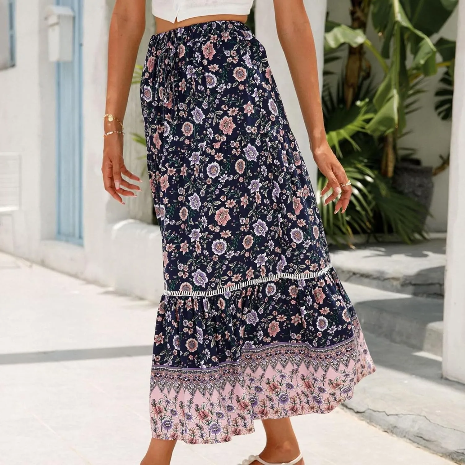 Womens Boho Maxi Skirts Vintage Elastic High Waist Floral Pleated A-Line Long Skirts Beach Vacation Clothes