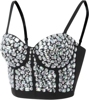 Women's Bustier Rhinestone Diamond Tank Push Up Bustier Brilliant Diamond Shiny Cami Bodysuit Beaded Sequins Sexy Top