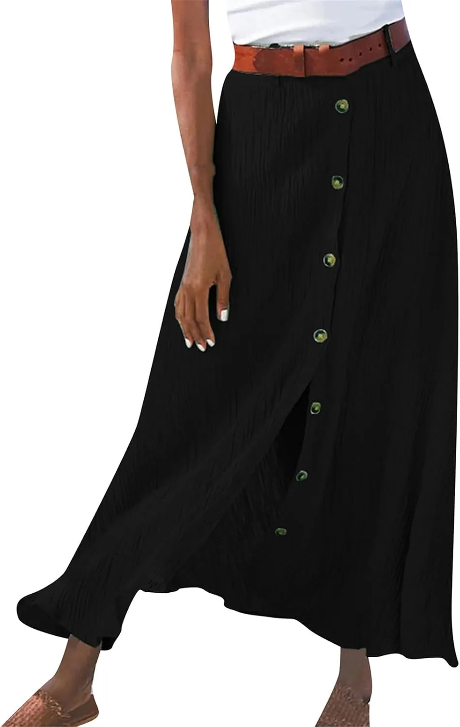 Womens Button Flowy Maxi Skirt 2025 Summer Casual High Waist A-Line Tiered Skirt Beach Vacation Outfits
