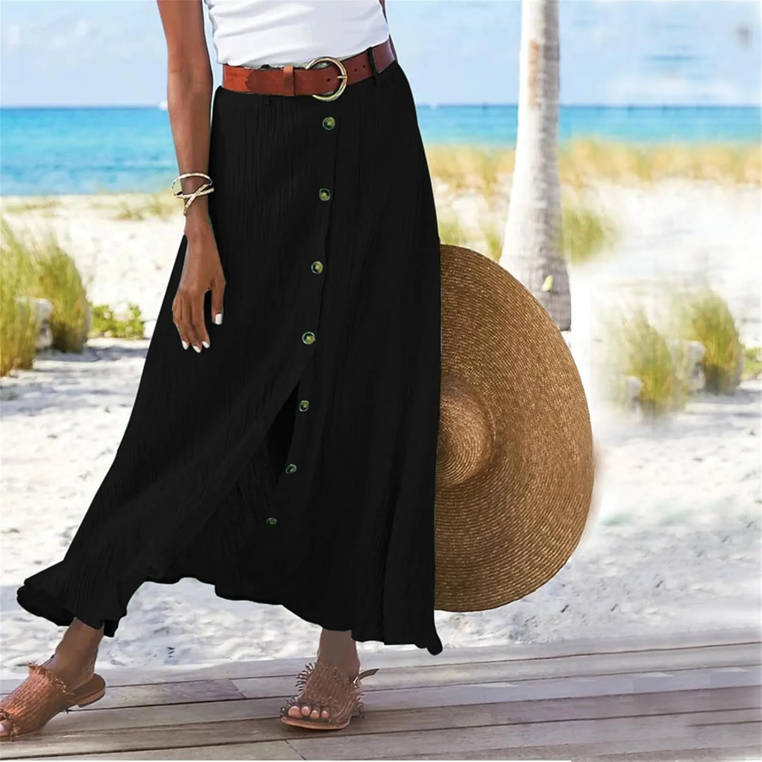 Womens Button Flowy Maxi Skirt 2025 Summer Casual High Waist A-Line Tiered Skirt Beach Vacation Outfits