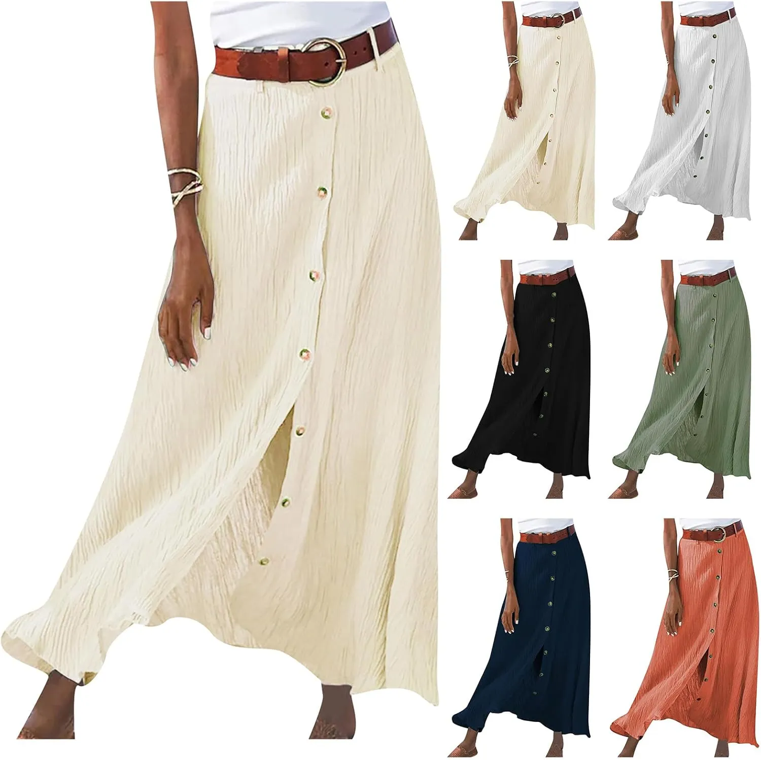 Womens Button Flowy Maxi Skirt 2025 Summer Casual High Waist A-Line Tiered Skirt Beach Vacation Outfits