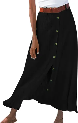 Womens Button Flowy Maxi Skirt 2025 Summer Casual High Waist A-Line Tiered Skirt Beach Vacation Outfits
