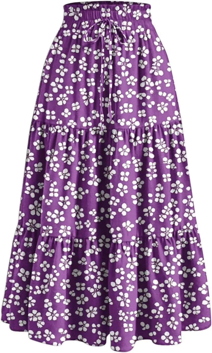 Womens Casual Boho Floral Skirts 2025 Summer Flowy Beach Skirt Drawstring High Waist Tiered Pleated Maxi Skirts