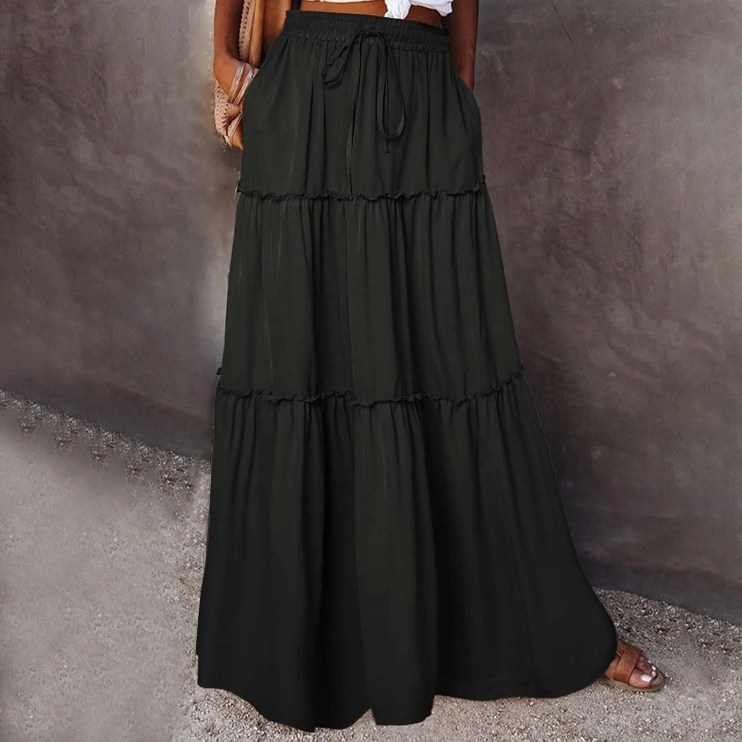 Womens Casual Boho Maxi Skirt Trendy Pleated Ruffle Flowy Skirt Drawstring Elastic High Waisted Summer A-Line Skirts