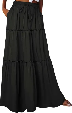 Womens Casual Boho Maxi Skirt Trendy Pleated Ruffle Flowy Skirt Drawstring Elastic High Waisted Summer A-Line Skirts