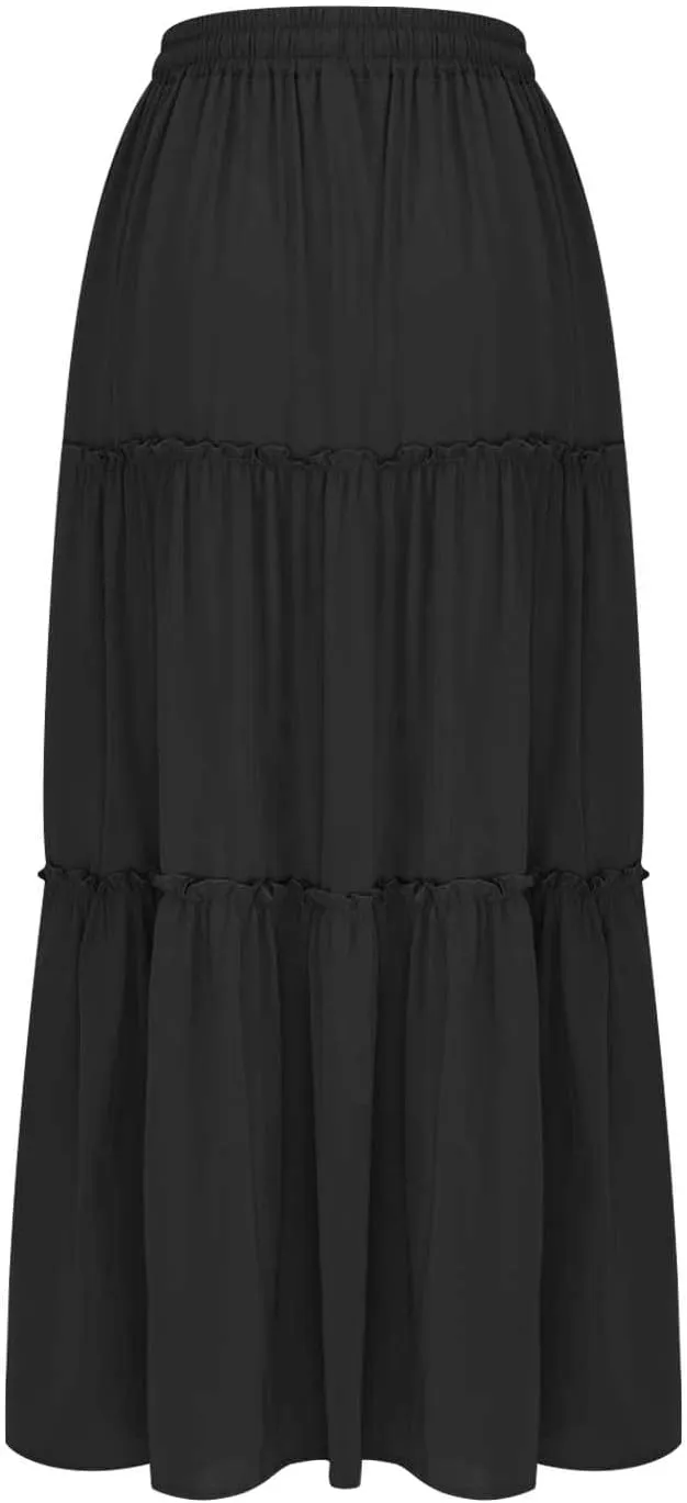 Womens Casual Boho Maxi Skirt Trendy Pleated Ruffle Flowy Skirt Drawstring Elastic High Waisted Summer A-Line Skirts