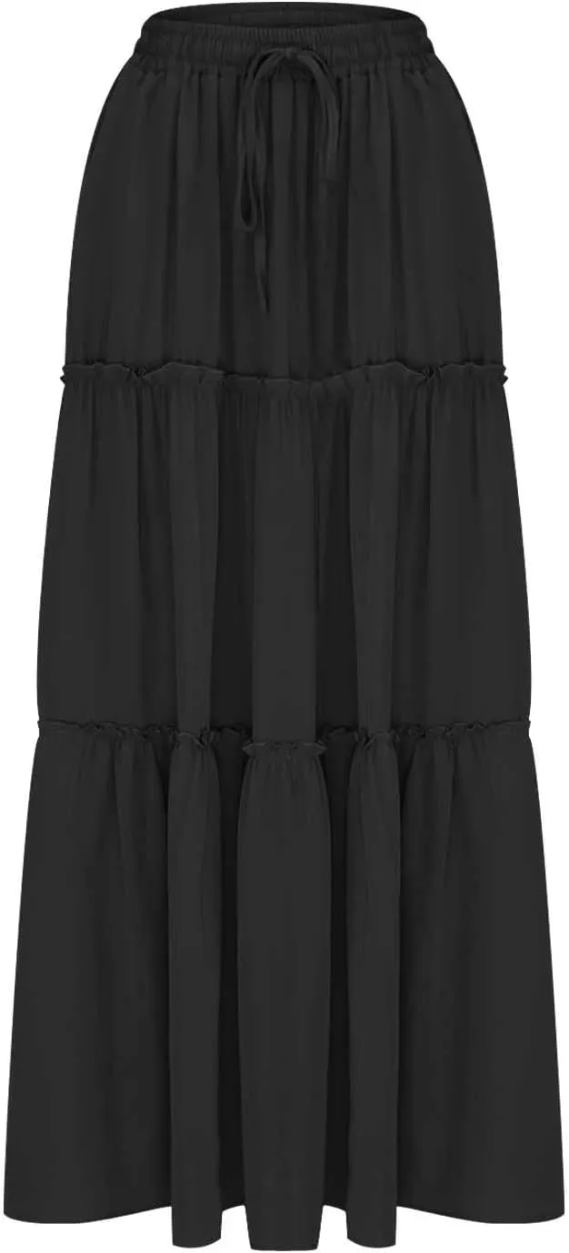 Womens Casual Boho Maxi Skirt Trendy Pleated Ruffle Flowy Skirt Drawstring Elastic High Waisted Summer A-Line Skirts