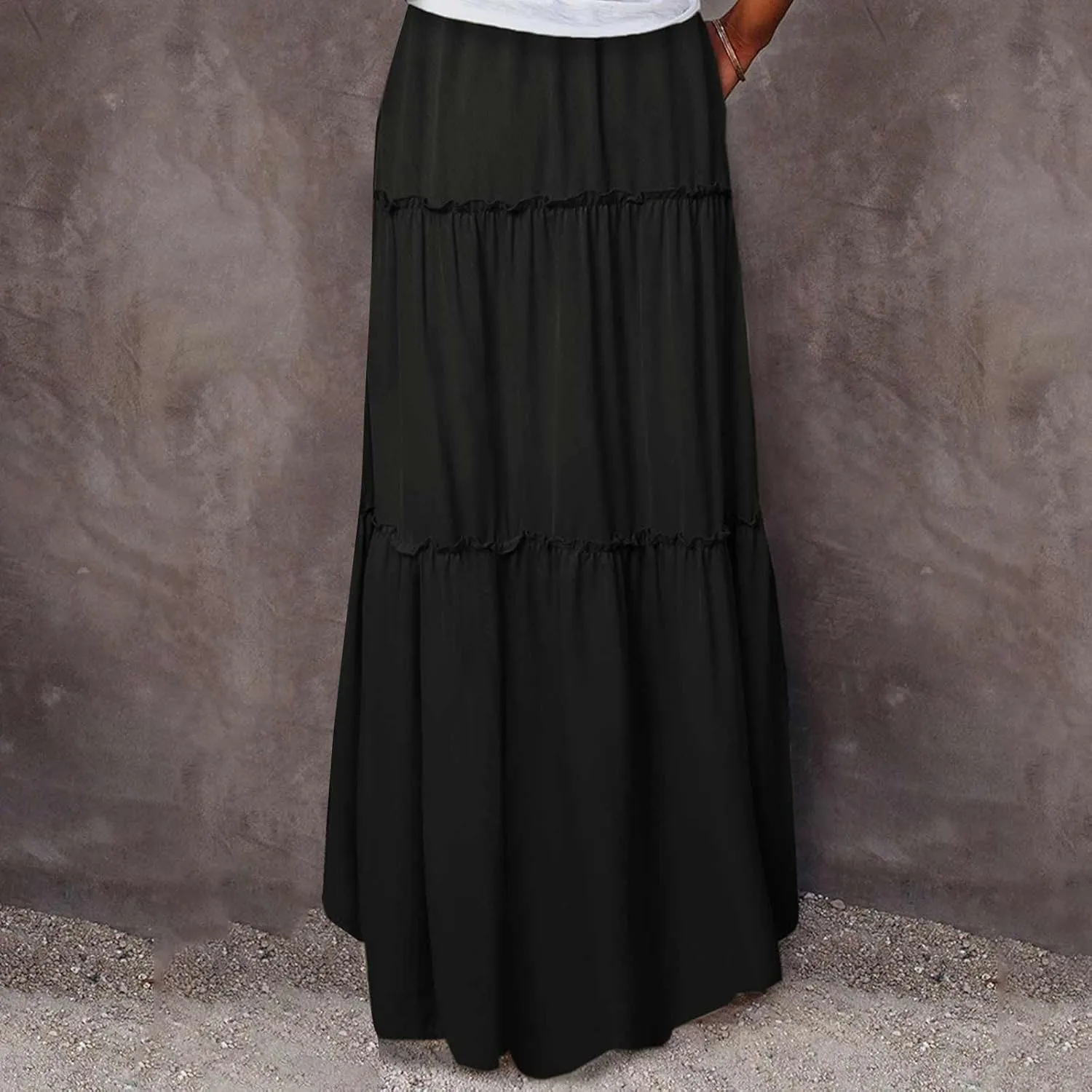 Womens Casual Boho Maxi Skirt Trendy Pleated Ruffle Flowy Skirt Drawstring Elastic High Waisted Summer A-Line Skirts