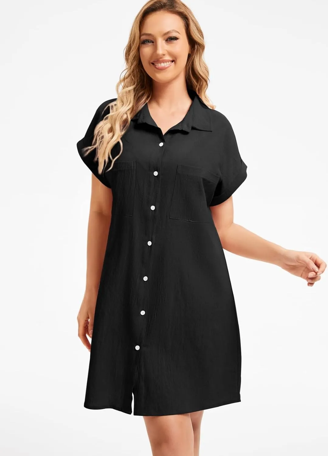 Women's Casual Cotton Linen Dress Button Down Short Sleeve V Neck Loose Dress Summer Tunic Mini Dresses