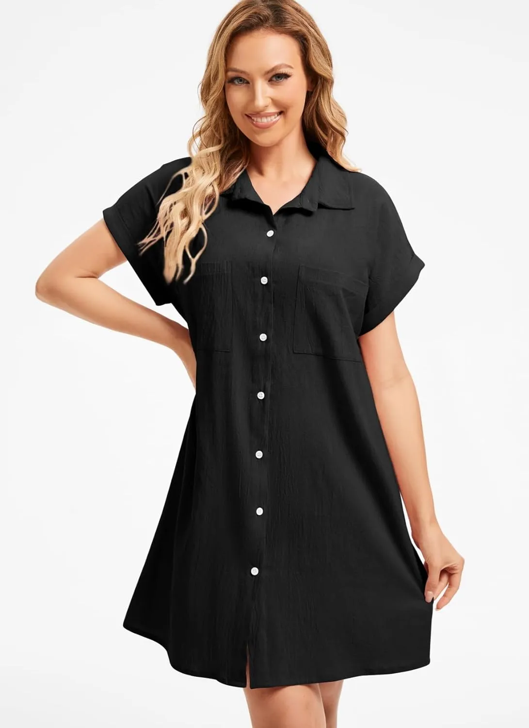 Women's Casual Cotton Linen Dress Button Down Short Sleeve V Neck Loose Dress Summer Tunic Mini Dresses