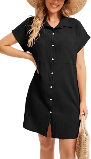 Women's Casual Cotton Linen Dress Button Down Short Sleeve V Neck Loose Dress Summer Tunic Mini Dresses