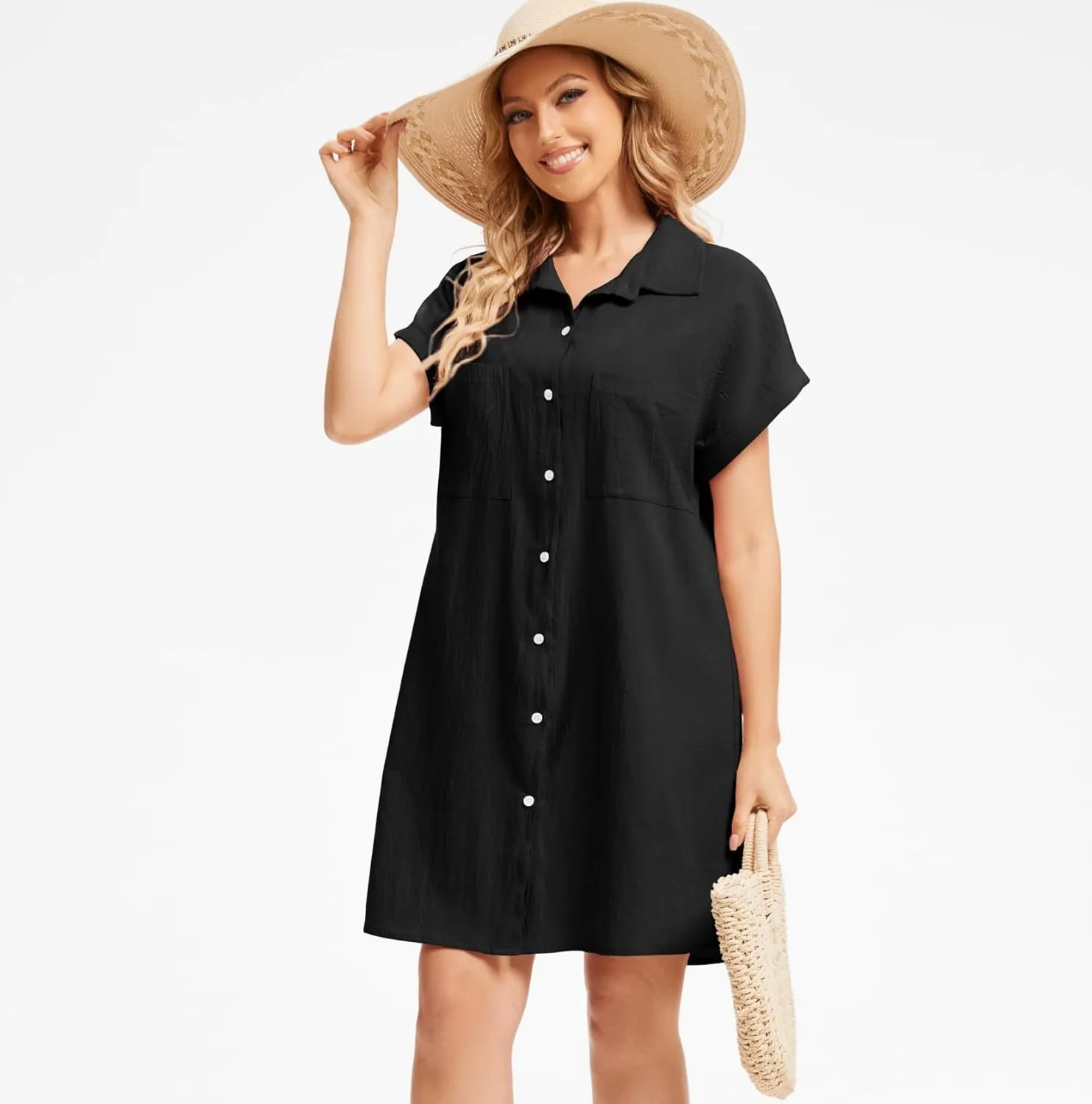 Women's Casual Cotton Linen Dress Button Down Short Sleeve V Neck Loose Dress Summer Tunic Mini Dresses