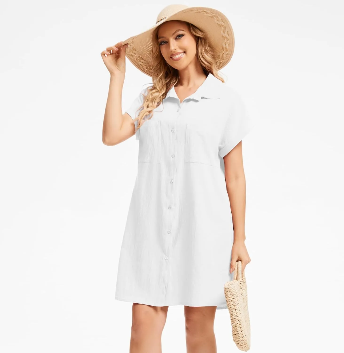 Women's Casual Cotton Linen Dress Button Down Short Sleeve V Neck Loose Dress Summer Tunic Mini Dresses