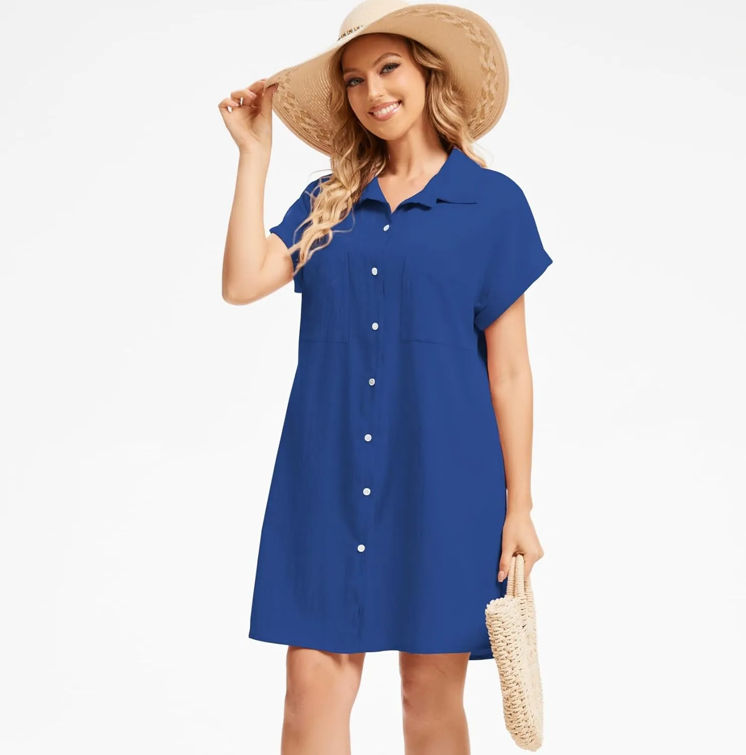 Women's Casual Cotton Linen Dress Button Down Short Sleeve V Neck Loose Dress Summer Tunic Mini Dresses