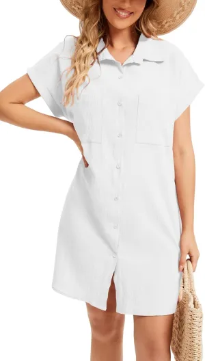 Women's Casual Cotton Linen Dress Button Down Short Sleeve V Neck Loose Dress Summer Tunic Mini Dresses