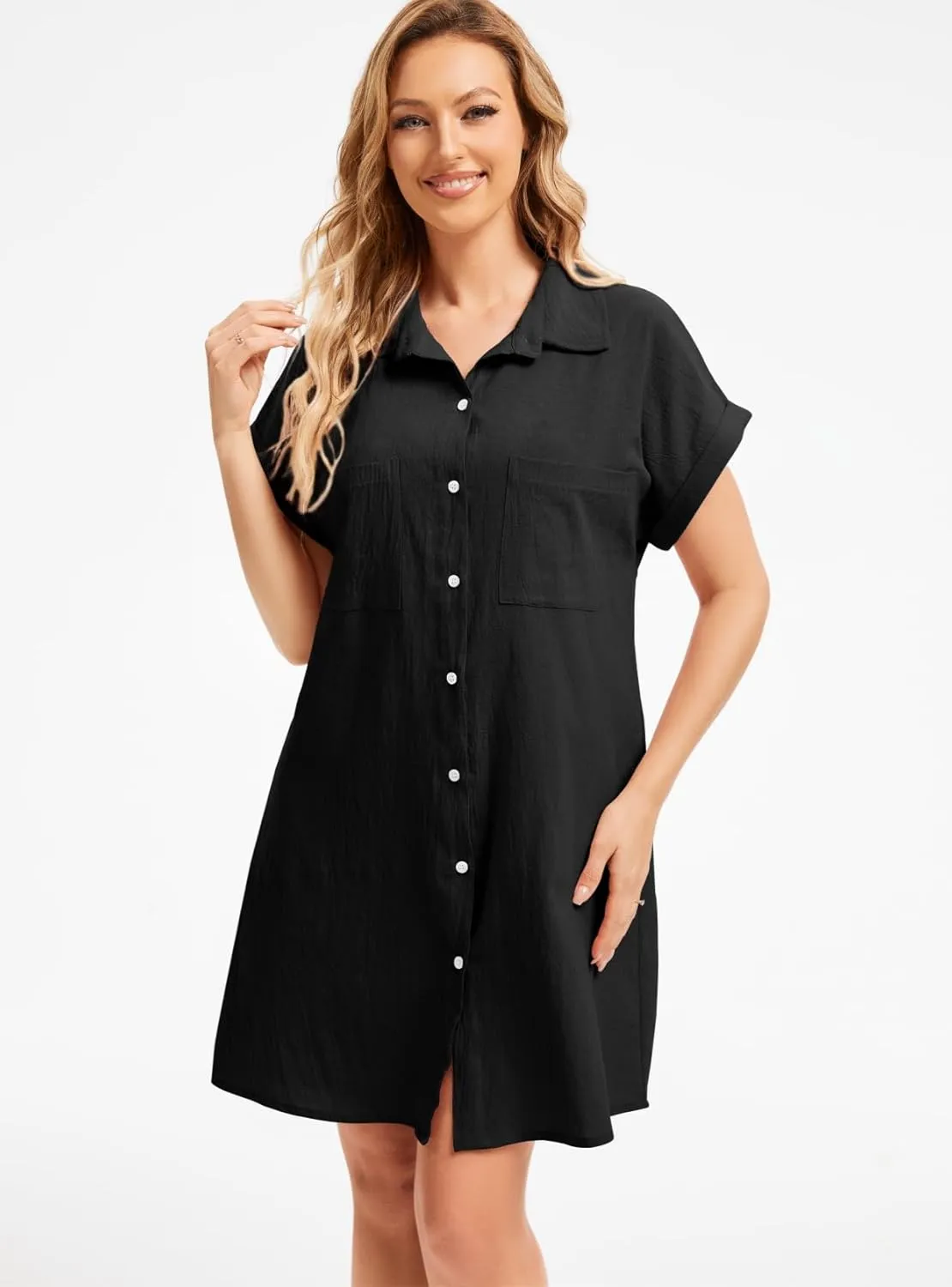 Women's Casual Cotton Linen Dress Button Down Short Sleeve V Neck Loose Dress Summer Tunic Mini Dresses