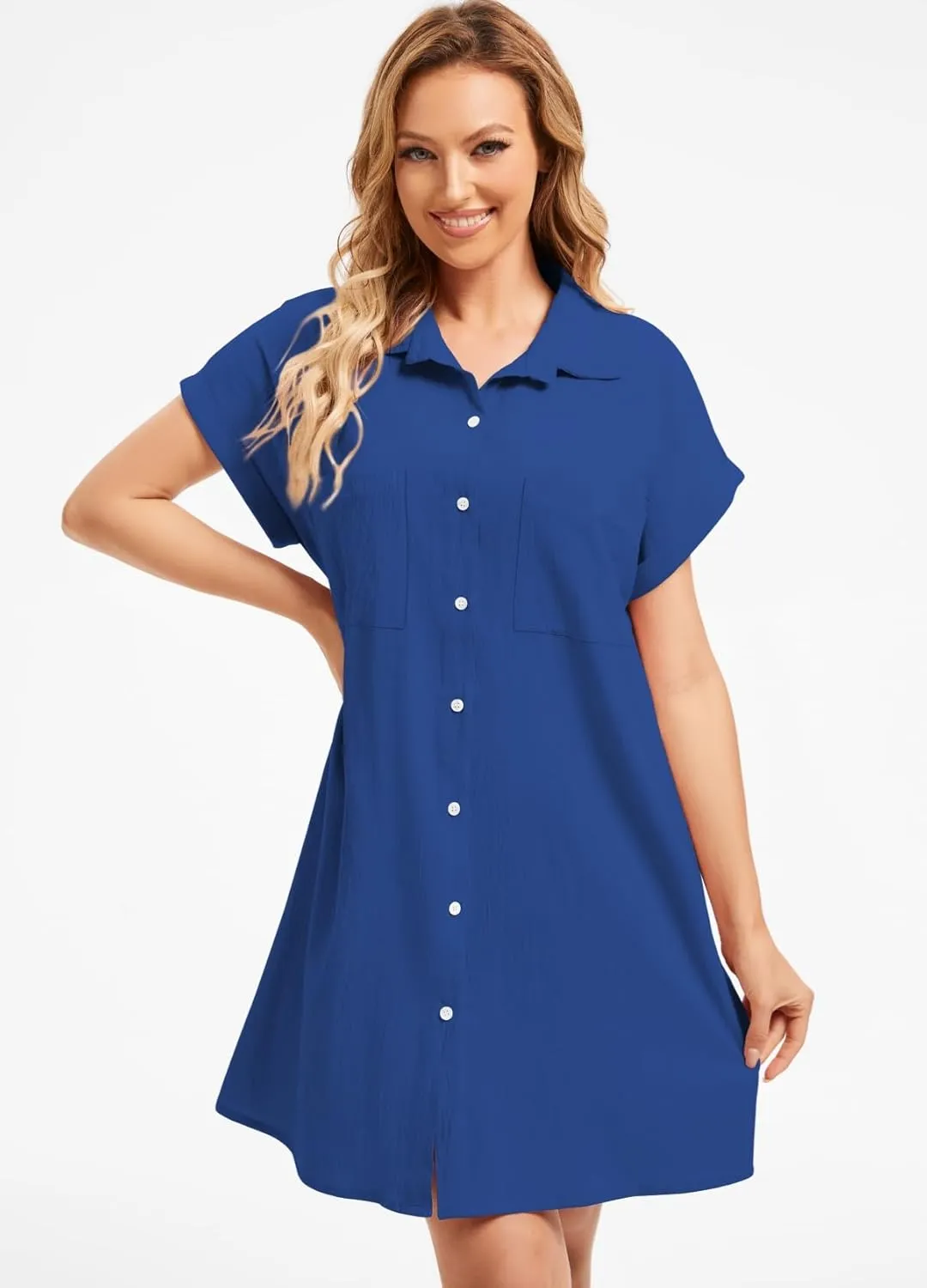 Women's Casual Cotton Linen Dress Button Down Short Sleeve V Neck Loose Dress Summer Tunic Mini Dresses