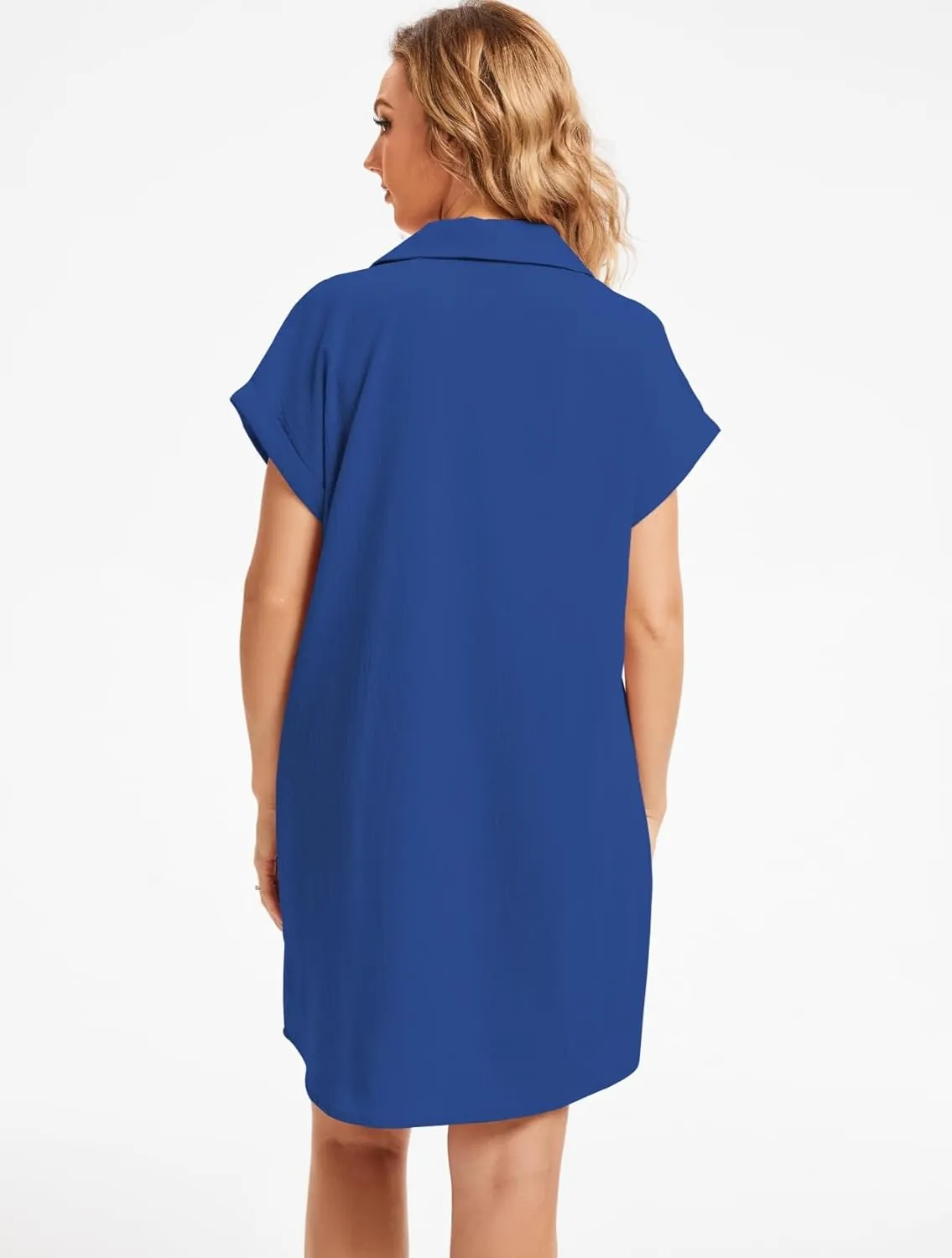 Women's Casual Cotton Linen Dress Button Down Short Sleeve V Neck Loose Dress Summer Tunic Mini Dresses