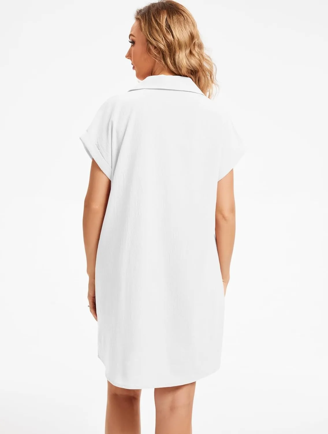 Women's Casual Cotton Linen Dress Button Down Short Sleeve V Neck Loose Dress Summer Tunic Mini Dresses