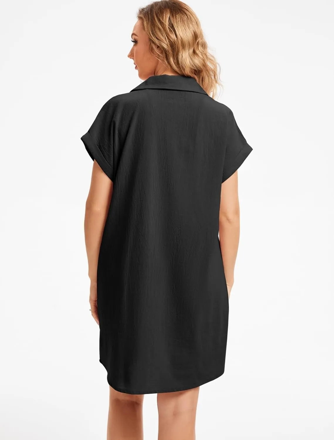 Women's Casual Cotton Linen Dress Button Down Short Sleeve V Neck Loose Dress Summer Tunic Mini Dresses