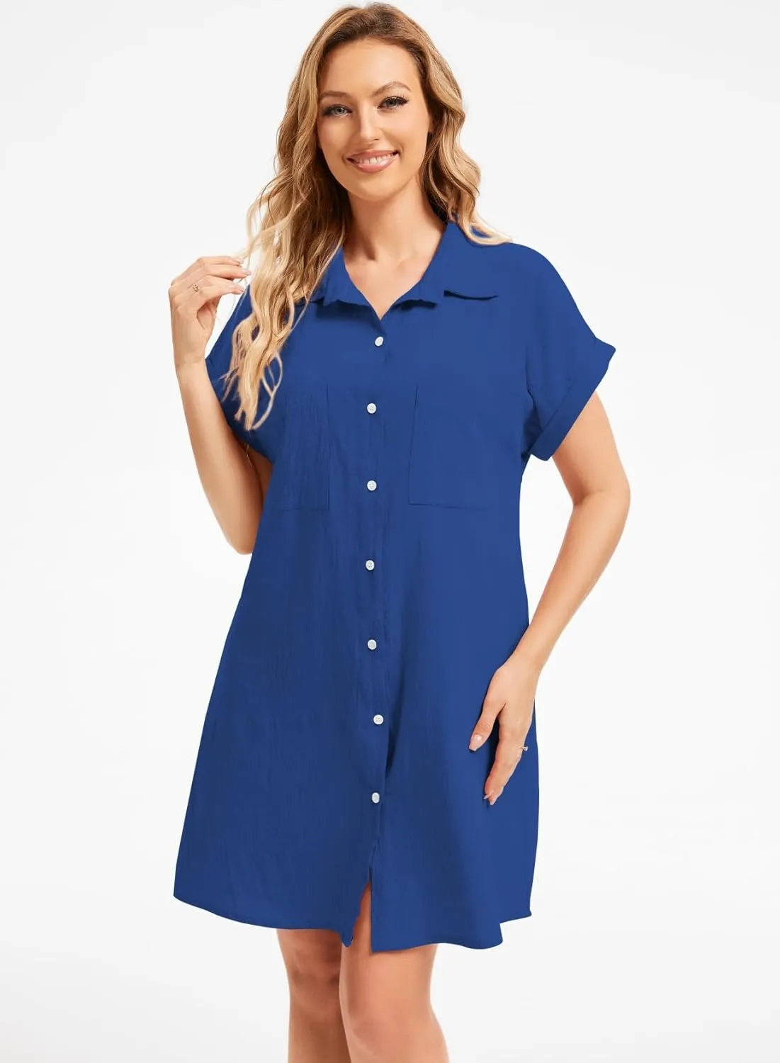 Women's Casual Cotton Linen Dress Button Down Short Sleeve V Neck Loose Dress Summer Tunic Mini Dresses