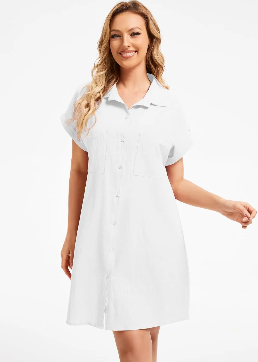 Women's Casual Cotton Linen Dress Button Down Short Sleeve V Neck Loose Dress Summer Tunic Mini Dresses