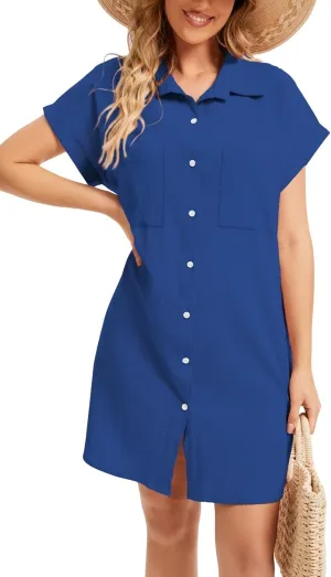 Women's Casual Cotton Linen Dress Button Down Short Sleeve V Neck Loose Dress Summer Tunic Mini Dresses