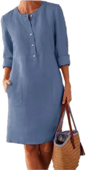 Women's Casual Cotton Linen Dress with Pockets Spring Summer Long Sleeve Dresses Button Down Crewneck Shirt Dress