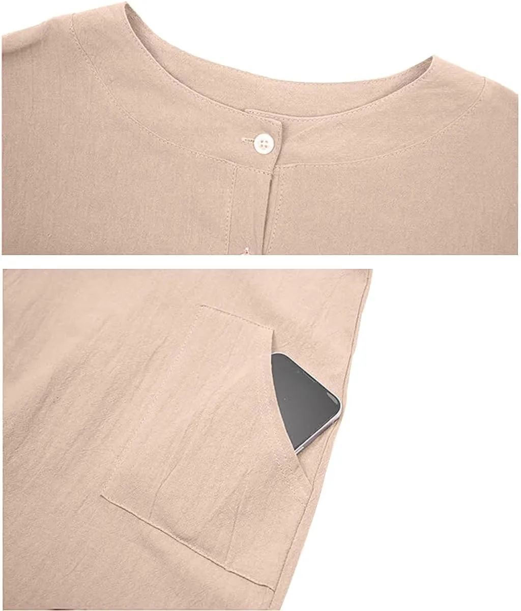 Women's Casual Cotton Linen Dress with Pockets Spring Summer Long Sleeve Dresses Button Down Crewneck Shirt Dress