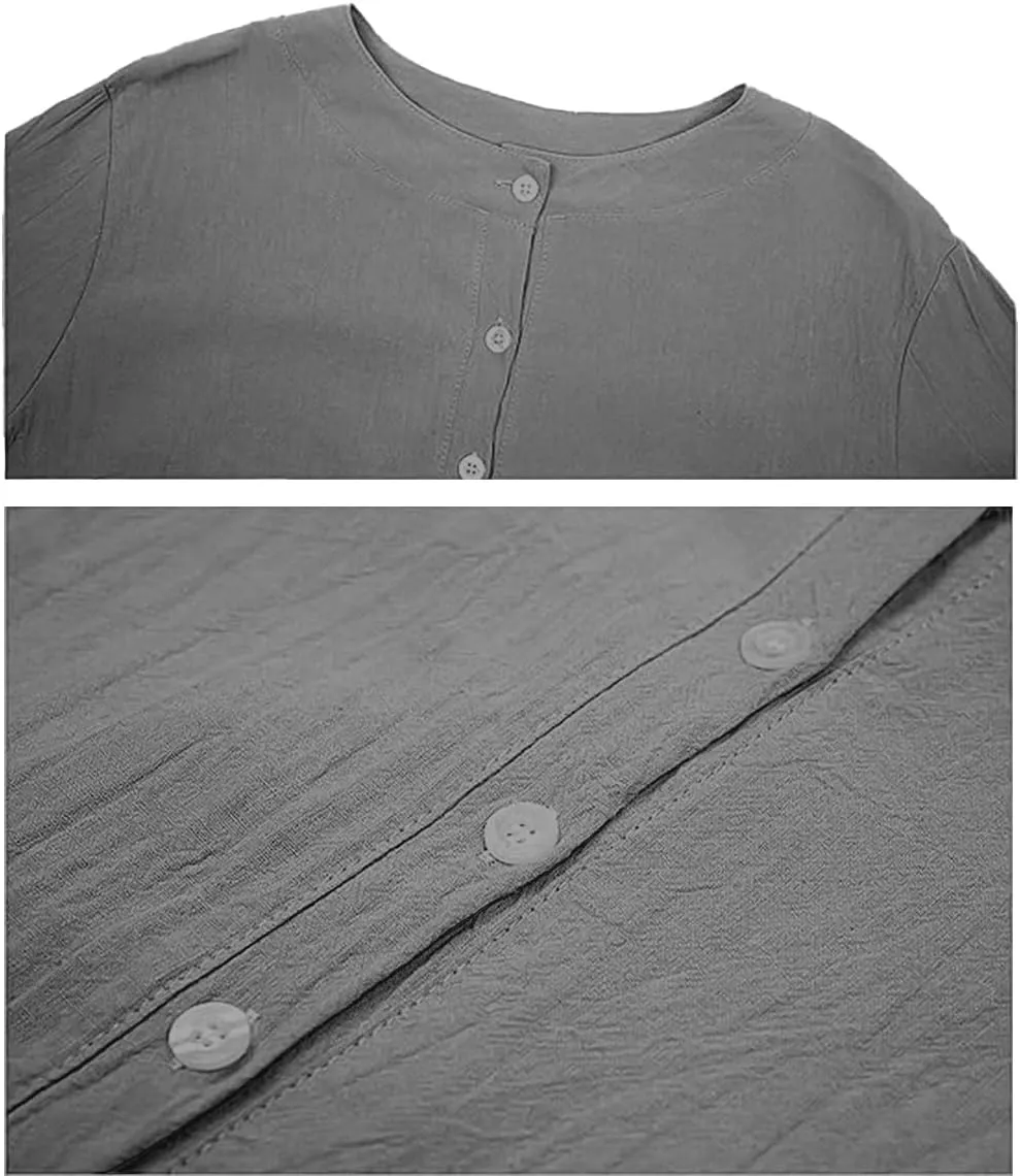 Women's Casual Cotton Linen Dress with Pockets Spring Summer Long Sleeve Dresses Button Down Crewneck Shirt Dress