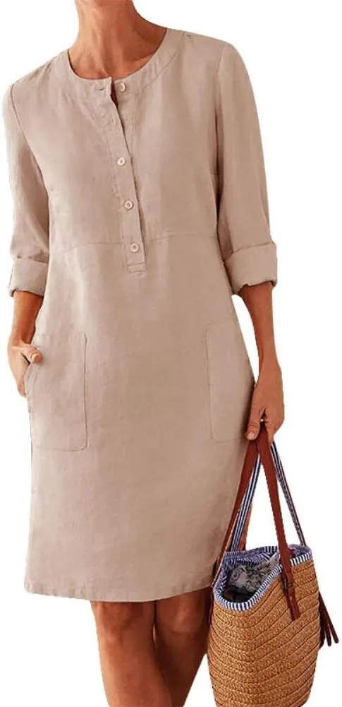 Women's Casual Cotton Linen Dress with Pockets Spring Summer Long Sleeve Dresses Button Down Crewneck Shirt Dress